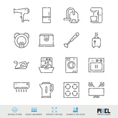 Household, appliances related vector line icon set isolated on white. Pixel perfect design. Editable stroke. Adjust line weight. Expand to any size. Change to any color.