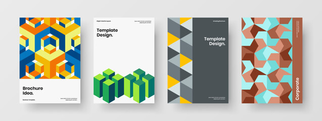 Bright mosaic hexagons cover layout set. Colorful pamphlet A4 design vector illustration bundle.