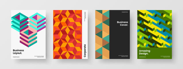 Multicolored geometric pattern flyer layout collection. Original pamphlet A4 vector design concept bundle.