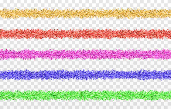 Vector Christmas Tinsel. Multicolored Tinsel Png, Golden Garland, Decor Element. Holiday Christmas.