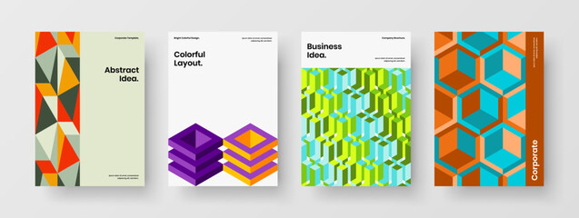 Isolated company brochure A4 design vector template set. Multicolored geometric hexagons poster illustration bundle.