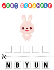Bunny Word scramble . Educational game for kids. English language spelling worksheet for preschool children