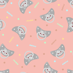 Seamless children's pattern on a pink background. A dummy with a cat. Pacifier for children