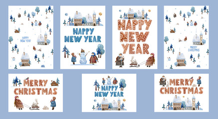 A set of New Year and Christmas cards with cute illustrations and lettering.