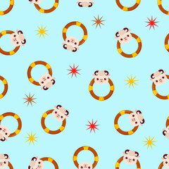 Seamless pattern with animals on a blue background. A pattern with a baby rattle in the form of a lamb. Kawaii animals
