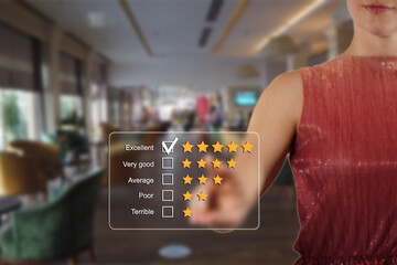 Woman gives rating to service experience on virtual online application, Customer review satisfaction feedback survey concept.
