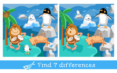 Fototapeta premium Educational game, puzzle for children. Find 7 differences. Cute penguin, seal and seagulls among the ice, icebergs in cartoon style. Vector illustration.