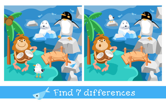 Educational game, puzzle for children. Find 7 differences. Cute penguin, seal and seagulls among the ice, icebergs in cartoon style. Vector illustration.