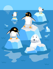 Cute polar animals, penguins, birds. Seal among the ice, icebergs in cartoon style. Scene for poster. Vector illustration.