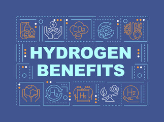 Fototapeta na wymiar Hydrogen benefits word concepts dark blue banner. Zero carbon energy. Infographics with editable icons on color background. Isolated typography. Vector illustration with text. Arial-Black font used