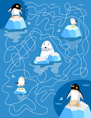 Maze with sea animals. Activity for children. Puzzle game for kids. Help the penguin mom find the penguin dad. Vector illustration.