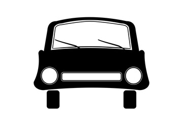 Car icon isolated on white background. Sedan vehicle black silhouette. Simple autocar logo or emblem. Transport front view pictogram or sign. Automobile repair service mark. Stock vector illustration