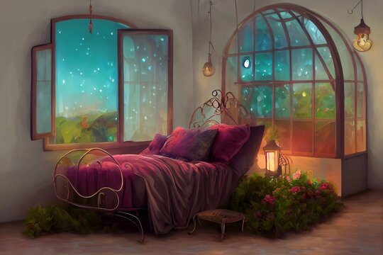 faity cozy relaxing bedroom in bright colors