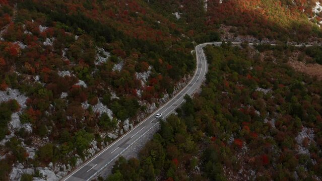 Aerial View of Croatian mountain road in the Velebit mountain range in autumn