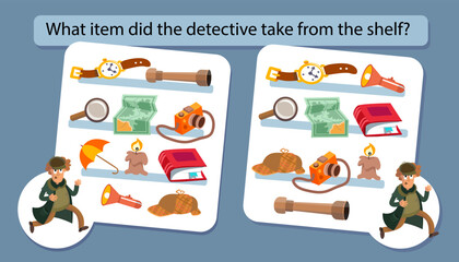 Educational game for children. Puzzle for kids. Find object. Vector illustration. What item did the detective take from the shelf.