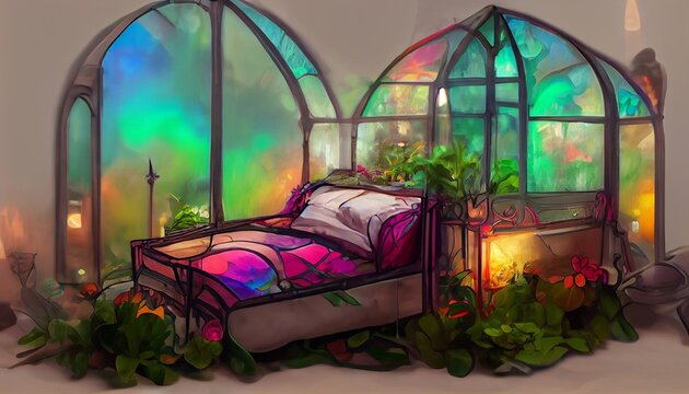 faity cozy relaxing bedroom in bright colors