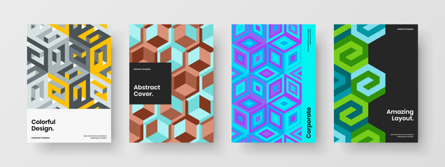 Trendy placard vector design illustration set. Bright mosaic hexagons pamphlet template collection.