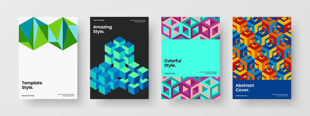 Bright booklet A4 vector design illustration composition. Trendy geometric tiles pamphlet layout bundle.