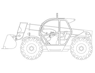 Excavator outline from black lines isolated on white background. Detailed tractor. Side view. 3D. Vector illustration.