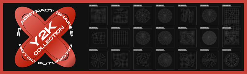 Collection of Y2K elements. Big collection of abstract graphic geometric objects. Simple shapes forms.