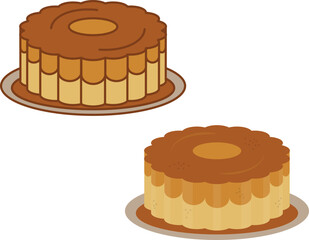 Flan pudding with caramel and vanilla topping. Typical brazilian, portuguese, spanish, latin american condensed milk dessert. Vector icon set with outline and colored illustration in flower shape.
