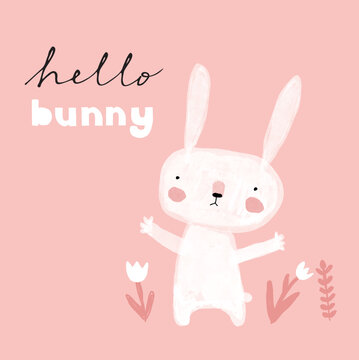 Cute Hand Drawn White Rabbit Vector Illustration.Nursery Art with Funny Easter Bunny in the Garden. White Rabbit,Flowers and Handwritten "Hello Bunny" on a Pastel Pink Background.Kids Room Decoration.