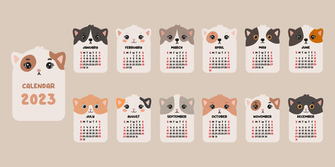 Cute calendar with cats. 2023 calendar with cute cats. Minimalistic calendar for the year for print. - obrazy, fototapety, plakaty
