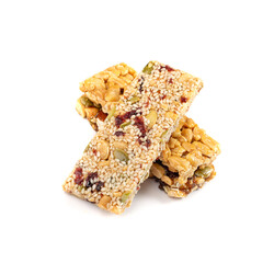 Energy Snack with Nuts Isolated. Muesli Snack, Protein Candy, Fitness Fruit and Nut Mix