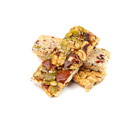 Energy Snack with Nuts Isolated. Muesli Snack, Protein Candy, Fitness Fruit and Nut Mix
