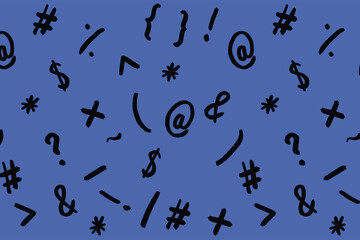 pattern with the image of keyboard symbols. Punctuation marks. Template for applying to the surface. blue background. Horizontal image.