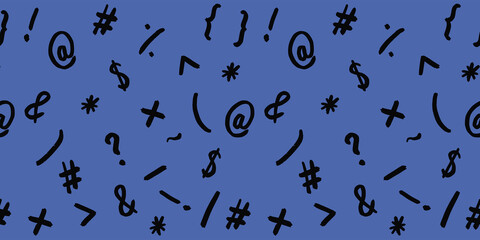 pattern with the image of keyboard symbols. Punctuation marks. Template for applying to the surface. blue background. Banner for insertion into site.