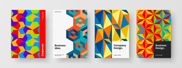 Minimalistic mosaic tiles handbill concept bundle. Vivid annual report A4 vector design illustration set.