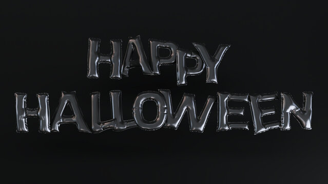 3D render of black balloon text of Happy Halloween isolated on dark background