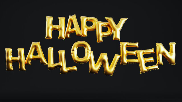 3D render of golden balloon text of Happy Halloween isolated on black background