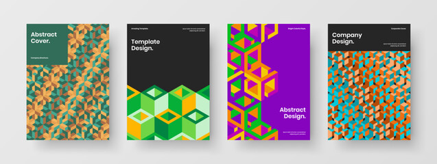 Fototapeta premium Creative mosaic hexagons handbill layout composition. Isolated journal cover A4 design vector concept collection.