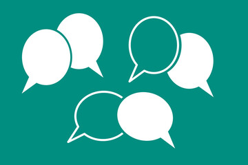 blank speech bubbles, thinking balloon set, white color, on green background Conceptual image about communication and social media, customer feedback