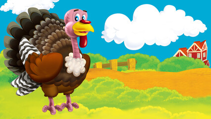 cartoon farm scene with turkey bird illustration