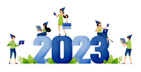 Illustration of employees and entrepreneurs welcoming new opportunities and goals at turn of year 2022 to 2023. Designed for website, landing page, flyer, banner, apps, brochure, startup media company