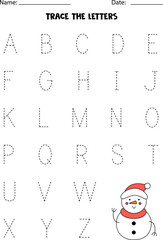 Worksheet with cute snowman. Trace uppercase letters of alphabet.