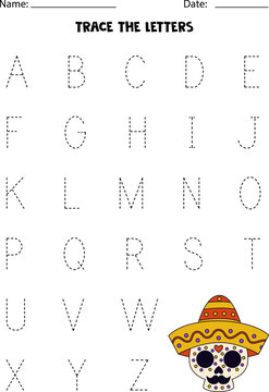 Worksheet with Mexican skull. Trace uppecase letters of alphabet.