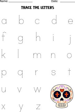 Worksheet with Mexican skull. Trace lowercase letters of alphabet.