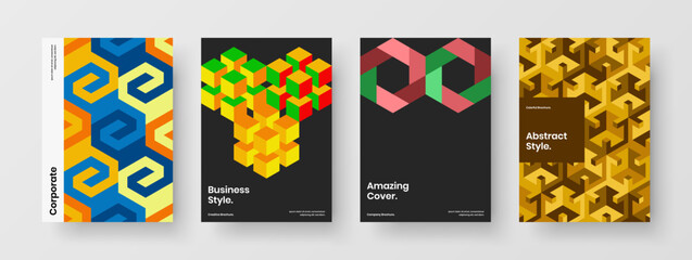 Premium book cover A4 design vector illustration collection. Clean mosaic hexagons corporate brochure concept bundle.