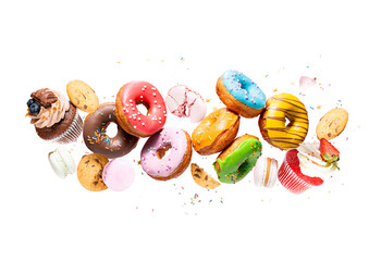 Colourful decorated donuts falling in motion isolated on white background with sprinkling. Sweet,...