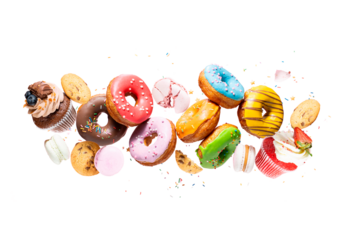 Colourful decorated donuts falling in motion isolated on white background with sprinkling. Sweet, confectionery and various doughnuts flying over white. Panorama banner, clipping path