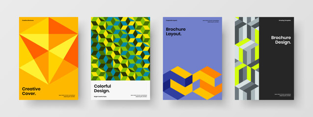 Unique geometric hexagons company brochure layout bundle. Isolated placard design vector template composition.