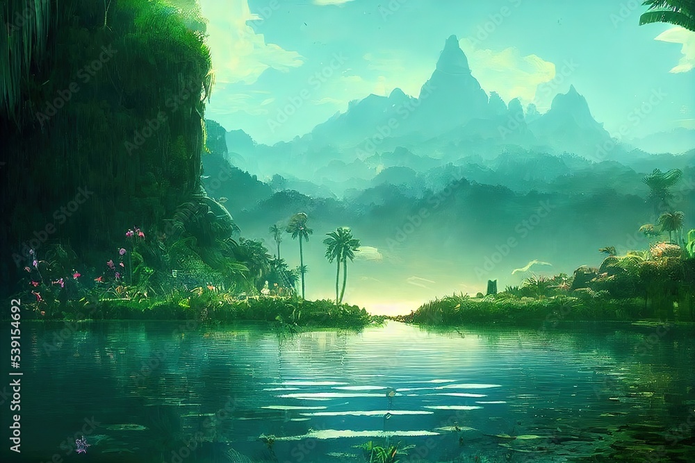 Poster There is a river running through the rainforest. 3D rendering