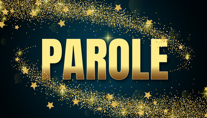 parole in shiny golden color, stars design element and on dark background. - obrazy, fototapety, plakaty