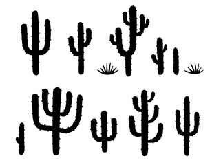 Black cactus silhouettes. Collection of different desert cacti. Wild West Cactuses silhouette drawing. Isolated on white background. Hand drawn Vector illustration in flat cartoon style. 