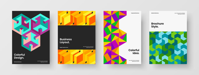 Bright geometric tiles annual report template composition. Minimalistic front page design vector concept collection.