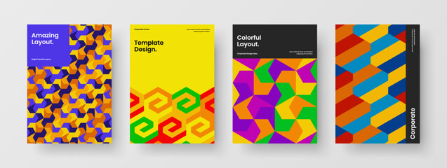 Obraz premium Modern mosaic shapes catalog cover illustration bundle. Colorful banner A4 design vector template set.